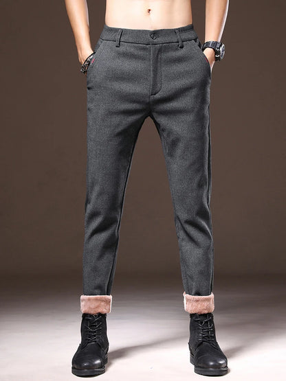 Men's Winter Fleece-Lined Slim Fit Pants – Thick Warm Straight-Leg Casual Business Trousers (Sizes 28-38)