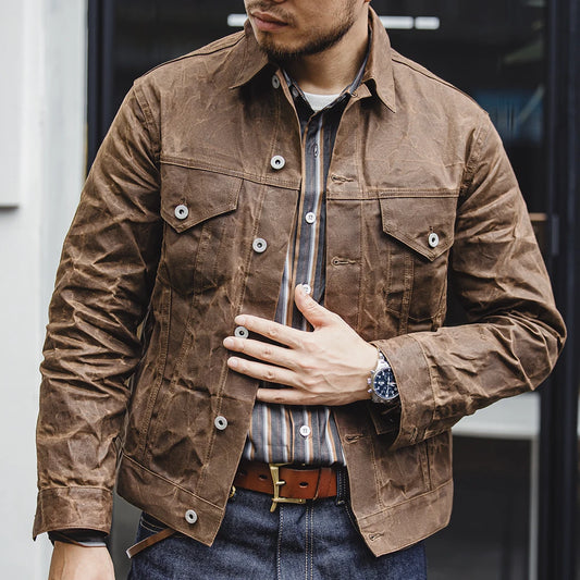 Maden Men's Retro Amekaji Style Oil-Waxed Canvas Jacket – Lightweight Military-Inspired Workwear Coat in Khaki Cotton for Casual and Safari Looks