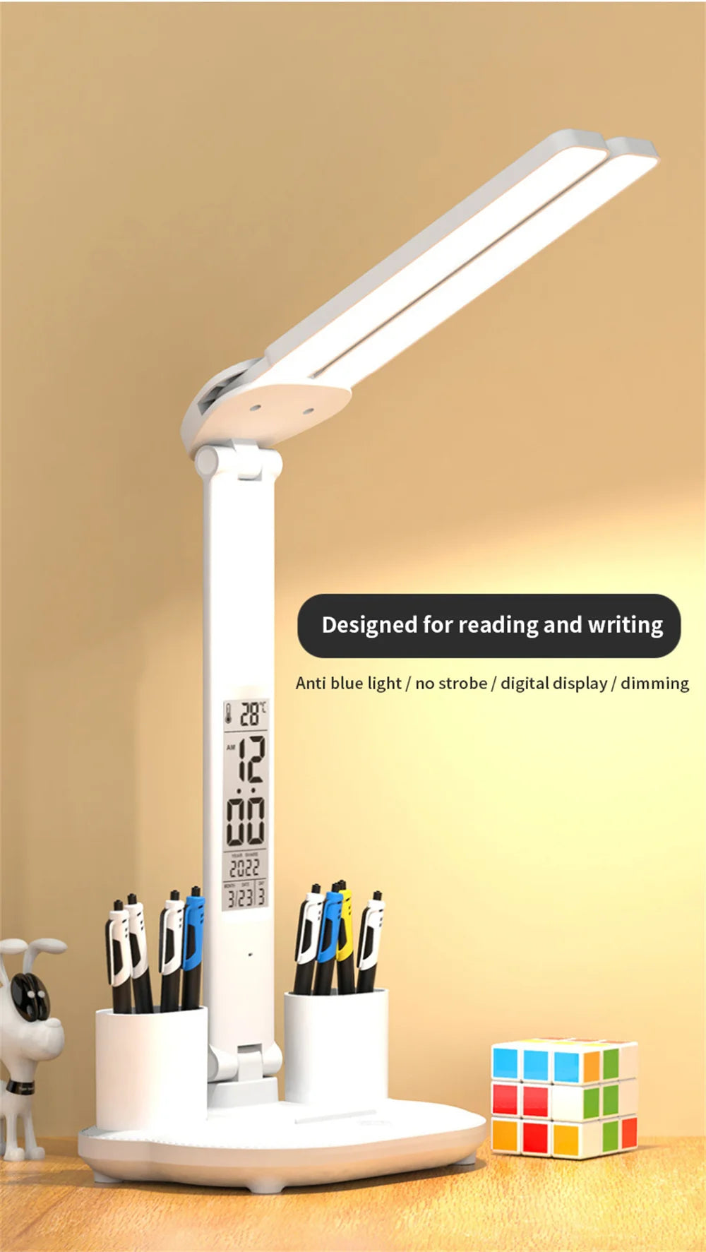 Foldable LED Table Lamp with Touch Dimming, USB Charging, Clock, Temperature Display &amp; Night Light – Ideal for Study &amp; Reading