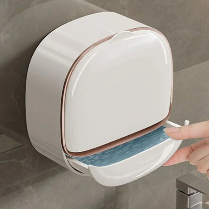 Punch-Free Wall-Mounted Soap Holder with Drainage Tray and Flip Cover – Bathroom Soap Storage Box