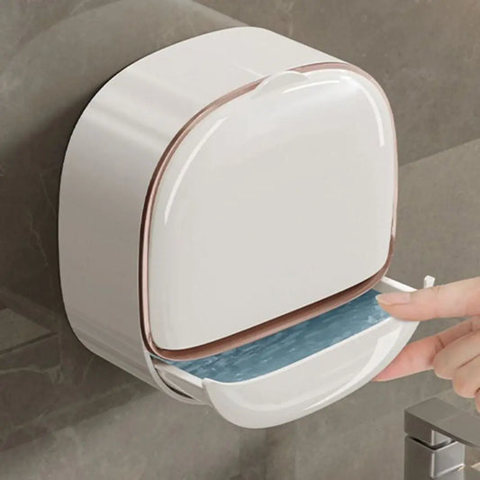 Punch-Free Wall-Mounted Soap Holder with Drainage Tray and Flip Cover – Bathroom Soap Storage Box