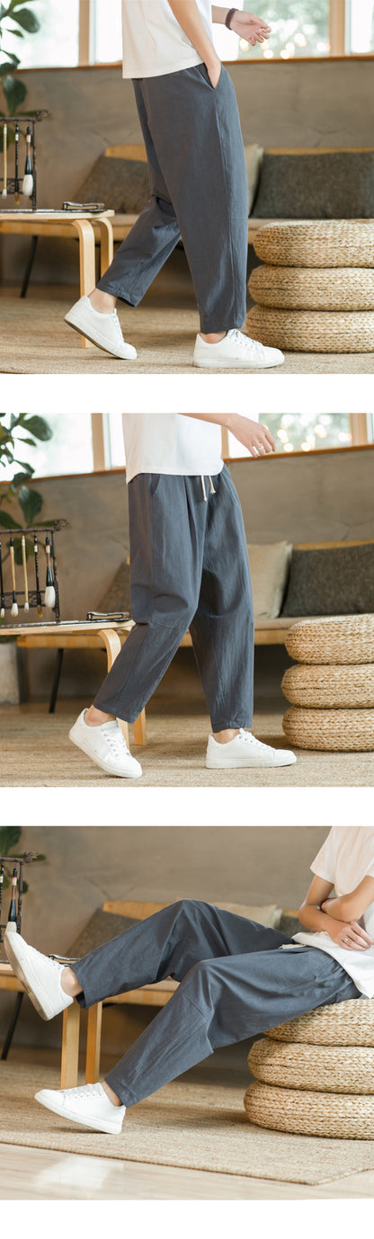 Men's Casual Cotton-Linen Pants – Breathable Loose-Fit Straight-Leg Drawstring Trousers in Solid Colors, Stylish Summer Streetwear