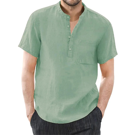 Men’s Casual Short Sleeve Cotton-Linen T-Shirt – Solid Color, Breathable and Comfortable Summer Shirt