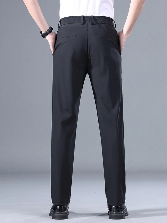 Men's Summer Classic Stretch Suit Trousers – Lightweight Business Casual Pants with Elastic Waist in Black, Gray, or Blue