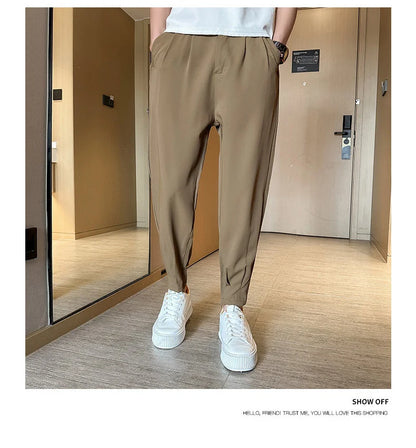 Men’s Spring & Summer Casual Solid Color Ice Silk Trousers — Korean Style Slim Ankle Pants with Zipper Detail, Smooth & Lightweight for a Handsome Look