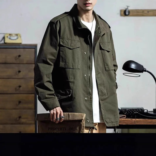 Men's Retro Cargo Windbreaker – Outdoor Multi-Pocket Vintage Jacket, Casual Solid Color Coat