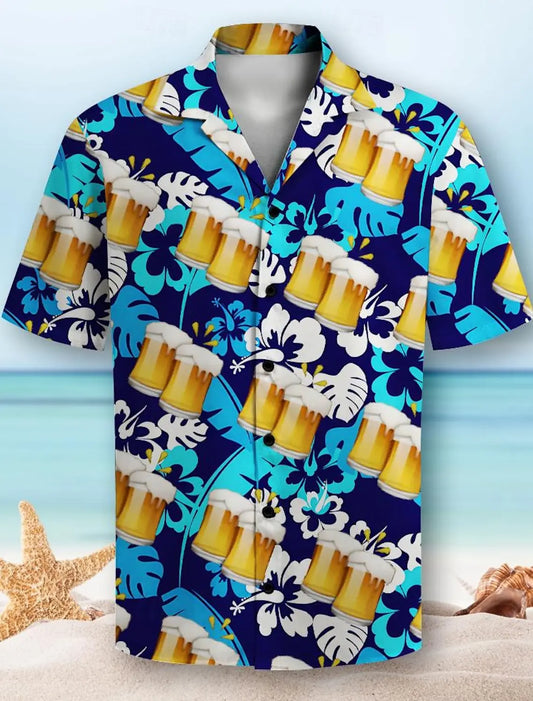 Men’s Short Sleeve Beer Print Button-Down Shirt with Lapel Collar – 3D Design for Summer Parties and Resort Holidays, Hawaiian Vibes