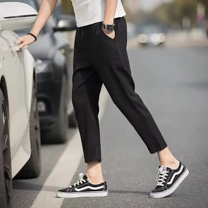 2025 Men's Formal Elastic Waist Straight-Leg Suit Pants – Business Casual Long Trousers in Solid Black and Grey