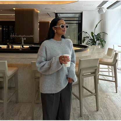 Women's Cozy Mohair Striped Knit Sweater – Warm O-Neck Pullover with Full Sleeves, Autumn 2025 Fashion