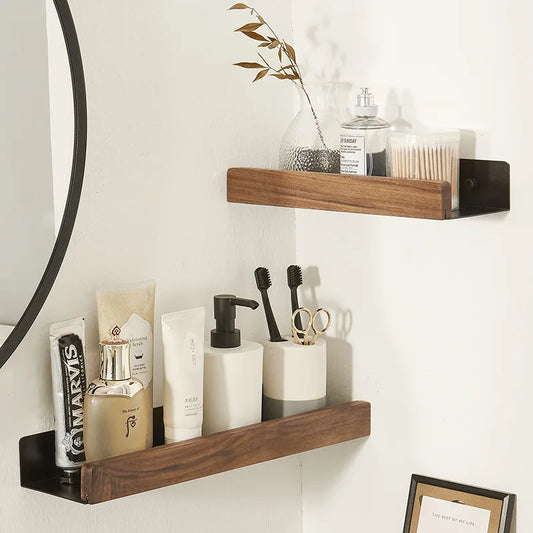 No-Drill Wall-Mounted Solid Wood Corner Bathroom Shelf — Shower Storage Rack and Toilet Shampoo Holder