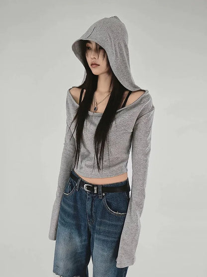 Y2K Aesthetic Women's Hooded Crop Top – Casual Streetwear Slim Fit Off-Shoulder Long Sleeve Tee with Grunge Style