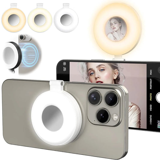 Portable Magnetic Selfie Ring Light with Built-in Mirror, Foldable 180° LED Phone Flash Compatible with MagSafe