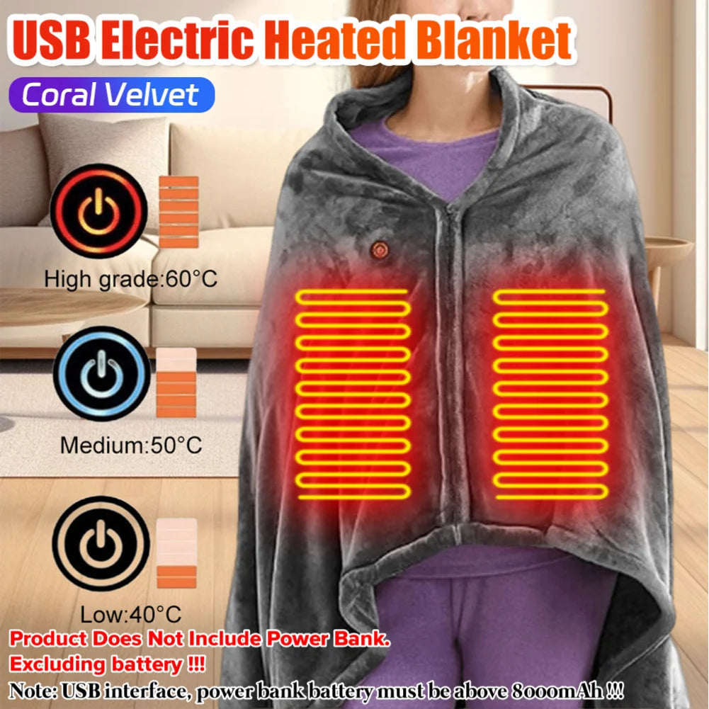 Wearable Electric Heating Shawl Blanket with 3 Temperature Levels, USB 5V Charging, Coral Velvet, 8 Heating Zones, Quick Warm-Up