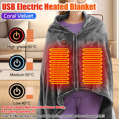 Wearable Electric Heating Shawl Blanket with 3 Temperature Levels, USB 5V Charging, Coral Velvet, 8 Heating Zones, Quick Warm-Up
