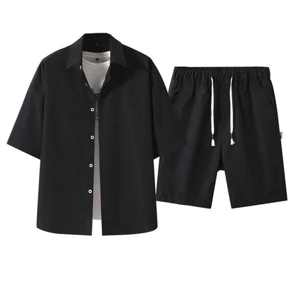 2025 Trendy Korean-Style Men's Summer Outfit – Casual Two-Piece Set Featuring Short Sleeve Shirt &amp; Matching Shorts, Stylish High Street Look for Daily &amp; Streetwear Fashion