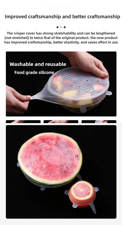 Set of 6 Food-Grade Silicone Stretch Lids – Universal Round Kitchen Covers with Airtight Seal, Reusable and BPA-Free for Food Storage