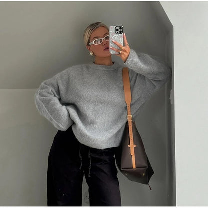 Women's Cozy Mohair Striped Knit Sweater – Warm O-Neck Pullover with Full Sleeves, Autumn 2025 Fashion