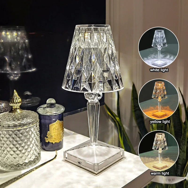 USB-Powered Diamond Crystal LED Table Lamp – Acrylic Decorative Night Light for Bedroom, Living Room, or Restaurant Ambiance