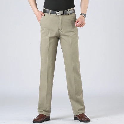 Men's Solid Cotton Straight-Leg Chino Pants – Business Casual Trousers with Belt, Ideal for Autumn &amp; Winter – Classic Formal Style for Adults &amp; Seniors