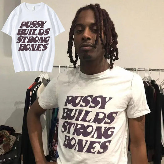 Playboi Carti Vintage-Inspired 'Pussy Builds Strong Bones' Graphic Tee – Oversized Hip-Hop Style Cotton T-Shirt for Men