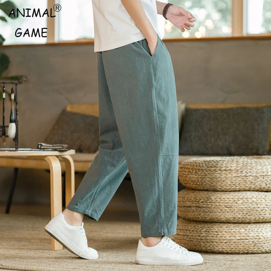 Men's Casual Cotton-Linen Pants – Breathable Loose-Fit Straight-Leg Drawstring Trousers in Solid Colors, Stylish Summer Streetwear