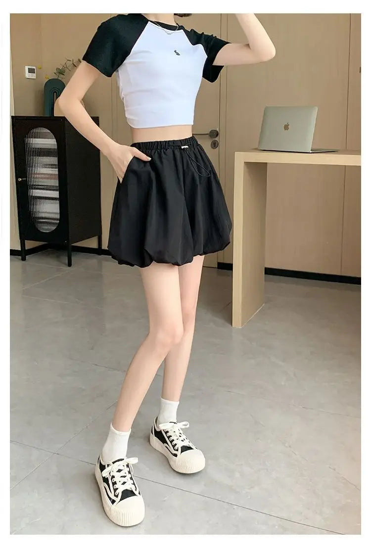 Women's High-Waist Lantern Shorts – Casual Summer Streetwear with Pockets, Relaxed Fit for Students, Youth, and Everyday Wear