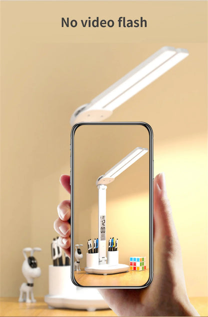 Foldable LED Table Lamp with Touch Dimming, USB Charging, Clock, Temperature Display &amp; Night Light – Ideal for Study &amp; Reading