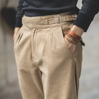 Men’s Classic Straight Vintage Khaki Gurkha Cargo Pants with Adjustable High Waist – Casual Work Trousers for Spring and Fall