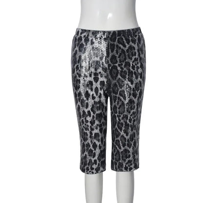 Women's Leopard Print Sequin Shorts – Sexy Knee-Length Clubwear, Slim Fit Party Pants for Evening &amp; Street Style &nbsp;