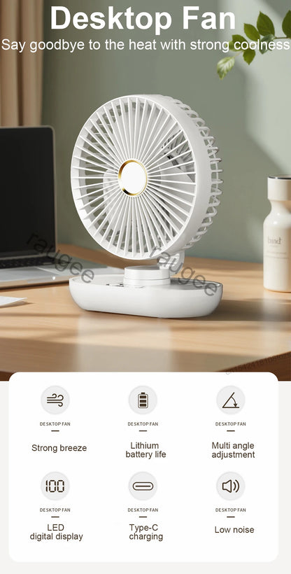 Compact USB Rechargeable Desk Fan with Digital Display – Small Portable Air Circulator for Desktop Use