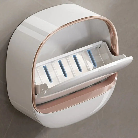 Punch-Free Wall-Mounted Soap Holder with Drainage Tray and Flip Cover – Bathroom Soap Storage Box