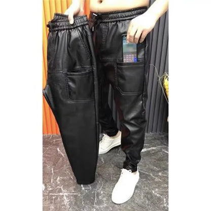Men’s Slim Fit Faux Leather Jogger Pants with Elastic Waist & Zipper Pockets – Black Streetwear Pencil Trousers