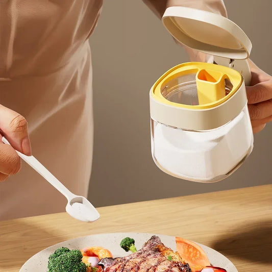 Transparent Glass Spice Jar with Spoon – Flip Cover Seasoning Container for Salt, MSG, Chicken Essence, and More