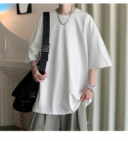 Men’s Oversized White Cotton T-Shirt – Solid Color Summer Casual Fashion Tee, Size up to 5XL