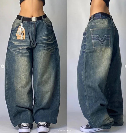 2024 Retro Y2K High-Waisted Straight-Leg Baggy Jeans for Women – Harajuku Street Style Washed Denim with Pockets