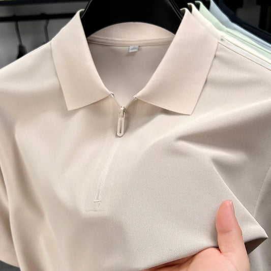Men’s Slim Fit Half-Zip Polo Shirt – Light Beige Stretch Cotton Casual Top with Classic Collar
