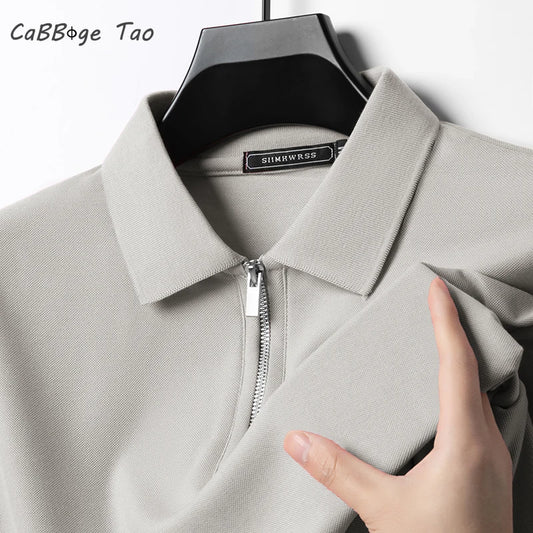 2025 Summer Men’s Slim Fit Polo Shirt with Flip Collar and Breathable Half-Zip Short Sleeves – Solid Color Comfortable Casual Tee