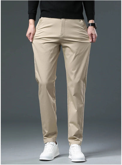 Men’s Classic Straight-Leg Cotton Trousers – 98% Cotton, Breathable Business Casual Pants with Elastic Comfort – Ideal for Spring &amp; Summer