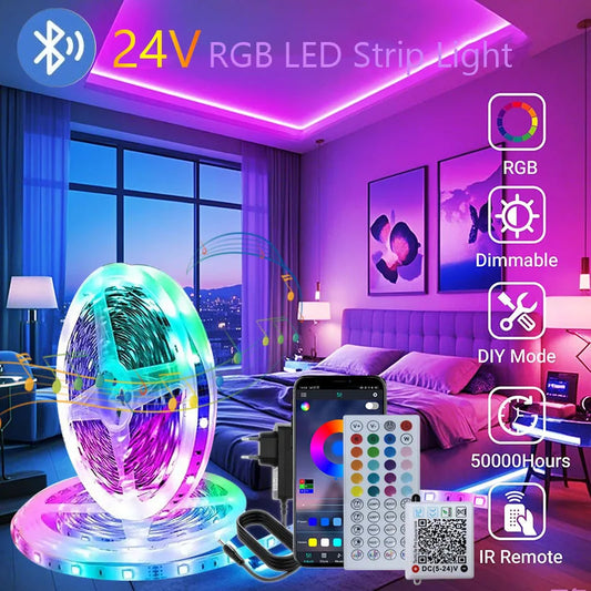 24V Music Sync RGB LED Strip Lights – 10m to 40m Flexible Light Strips for Bedroom, Room Decor, and TV Backlighting