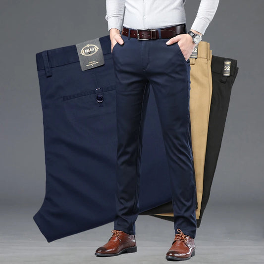 Men's Lightweight Summer Slim-Fit Suit Trousers – Business Casual Cotton Pants in Green, Black, and Khaki (Sizes 30–40)