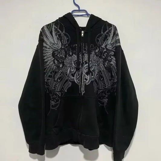 American Y2K-Inspired Oversized Padded Hoodie – Women's Streetwear Hip Hop Zip-Up Sweatshirt, Casual Punk Couple Style Outerwear