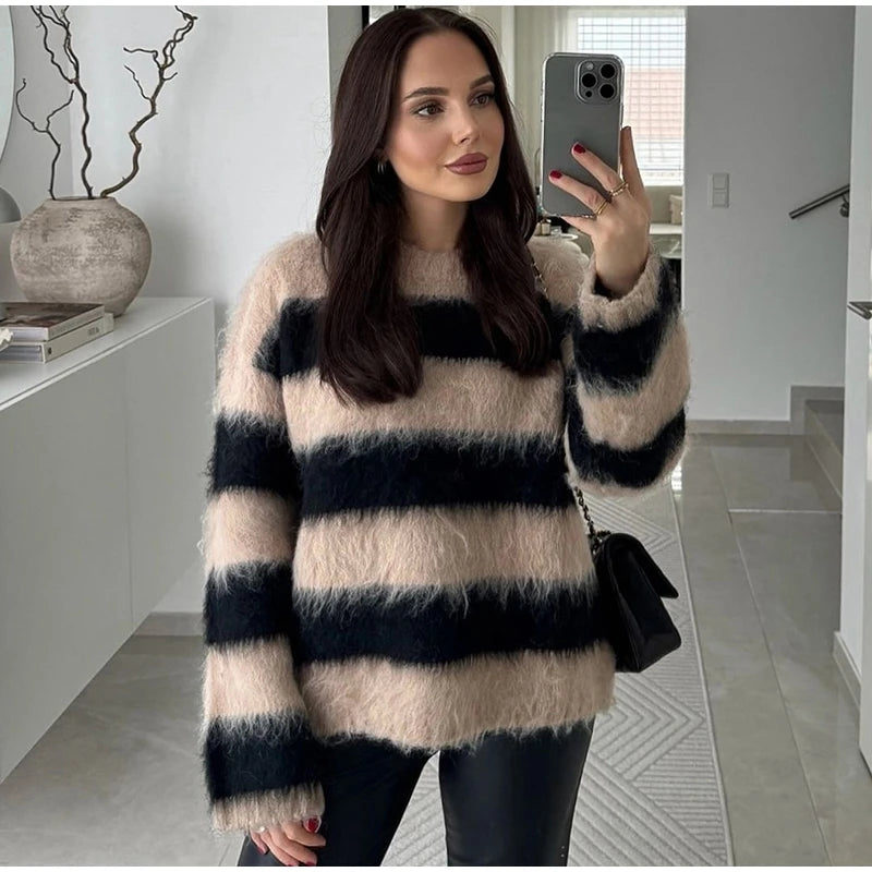 Women's Cozy Mohair Striped Knit Sweater – Warm O-Neck Pullover with Full Sleeves, Autumn 2025 Fashion