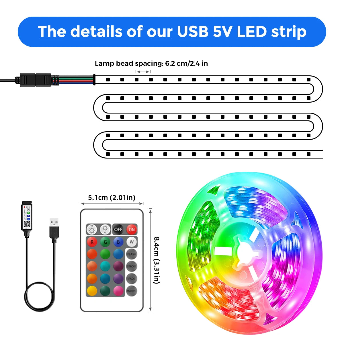 5V RGB LED Strip Lights, 1M-30M, 16 Million Colors, Music Sync, Color Changing LED Lighting for Parties and Home Decor