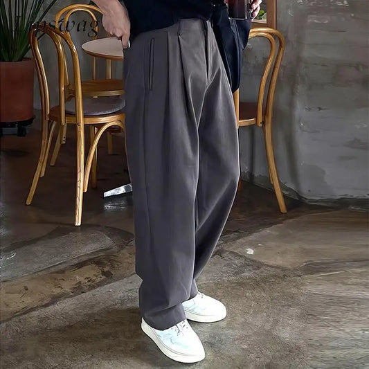 2025 Men's Spring/Summer Vintage Pleated Straight-Leg Suit Pants – Loose Fit, Solid Color, Trendy Casual Streetwear Trousers