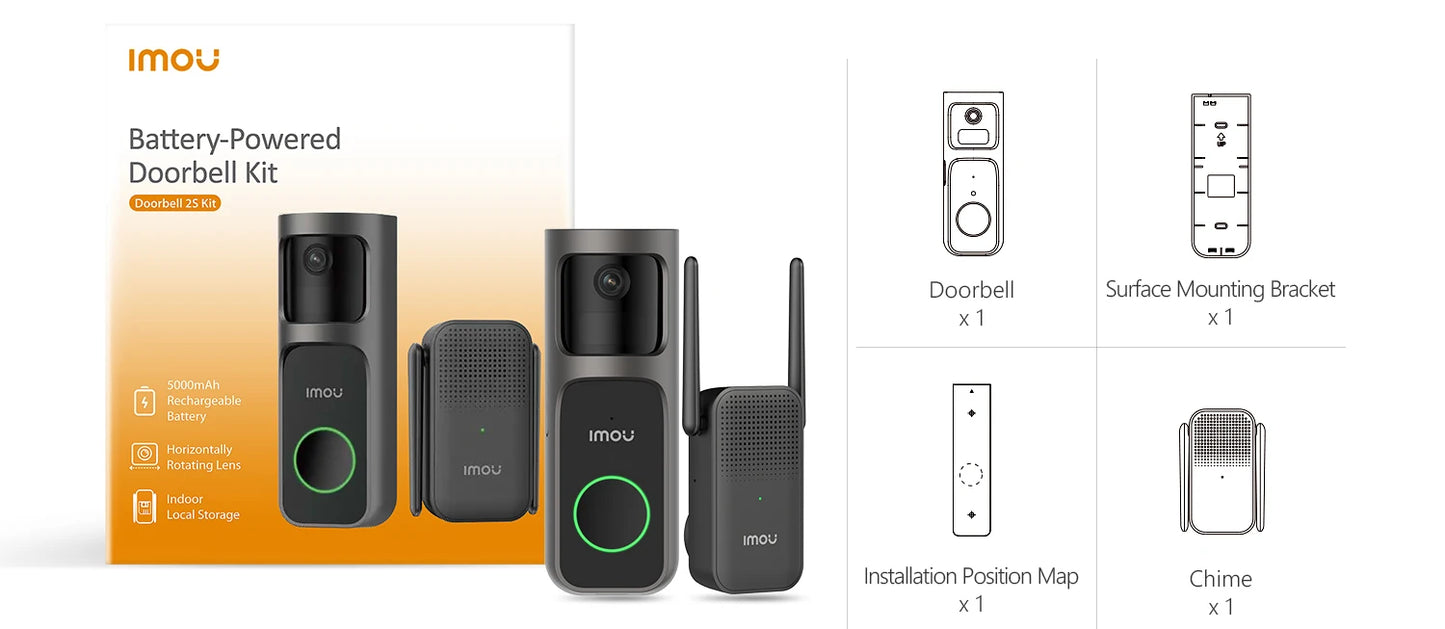 IMOU Video Doorbell 2S with Chime, Rechargeable 5000mAh Battery, Human Motion Detection, Two-Way Audio, Waterproof, Fully Wireless