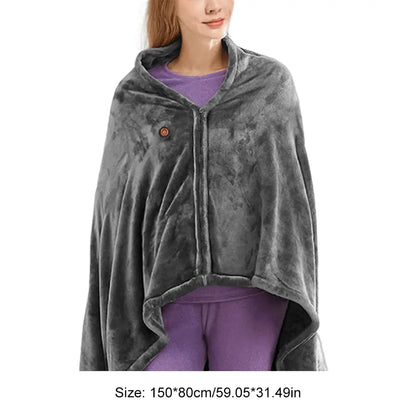 Wearable Electric Heating Shawl Blanket with 3 Temperature Levels, USB 5V Charging, Coral Velvet, 8 Heating Zones, Quick Warm-Up