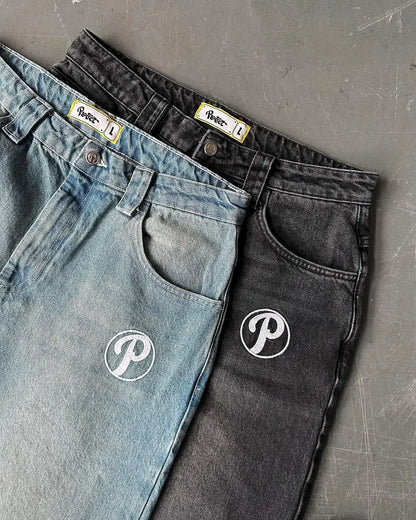 Streetwear PROTECT Embroidered Jeans for Men – Y2K Vintage Blue Baggy, High Waist, Wide Leg Harajuku Hip Hop Pants