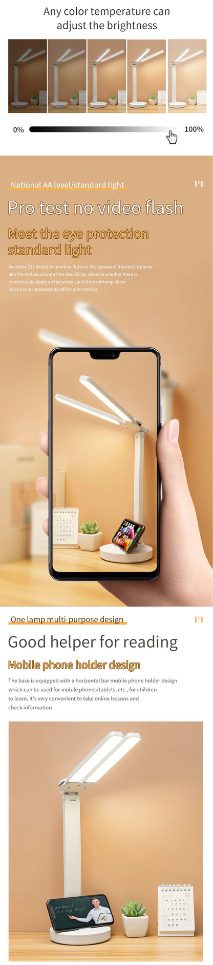 Foldable LED Table Lamp with Touch Dimming, USB Charging, Clock, Temperature Display &amp; Night Light – Ideal for Study &amp; Reading