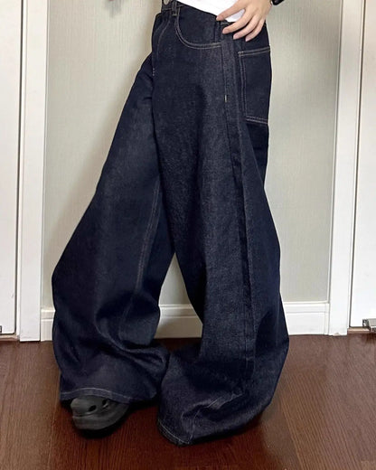 New Unisex Black Washed Wide-Leg Jeans – High Street Style Loose Straight Pants for Autumn and Winter