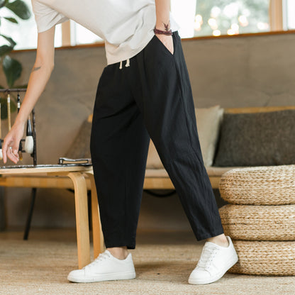 Men's Casual Cotton-Linen Pants – Breathable Loose-Fit Straight-Leg Drawstring Trousers in Solid Colors, Stylish Summer Streetwear